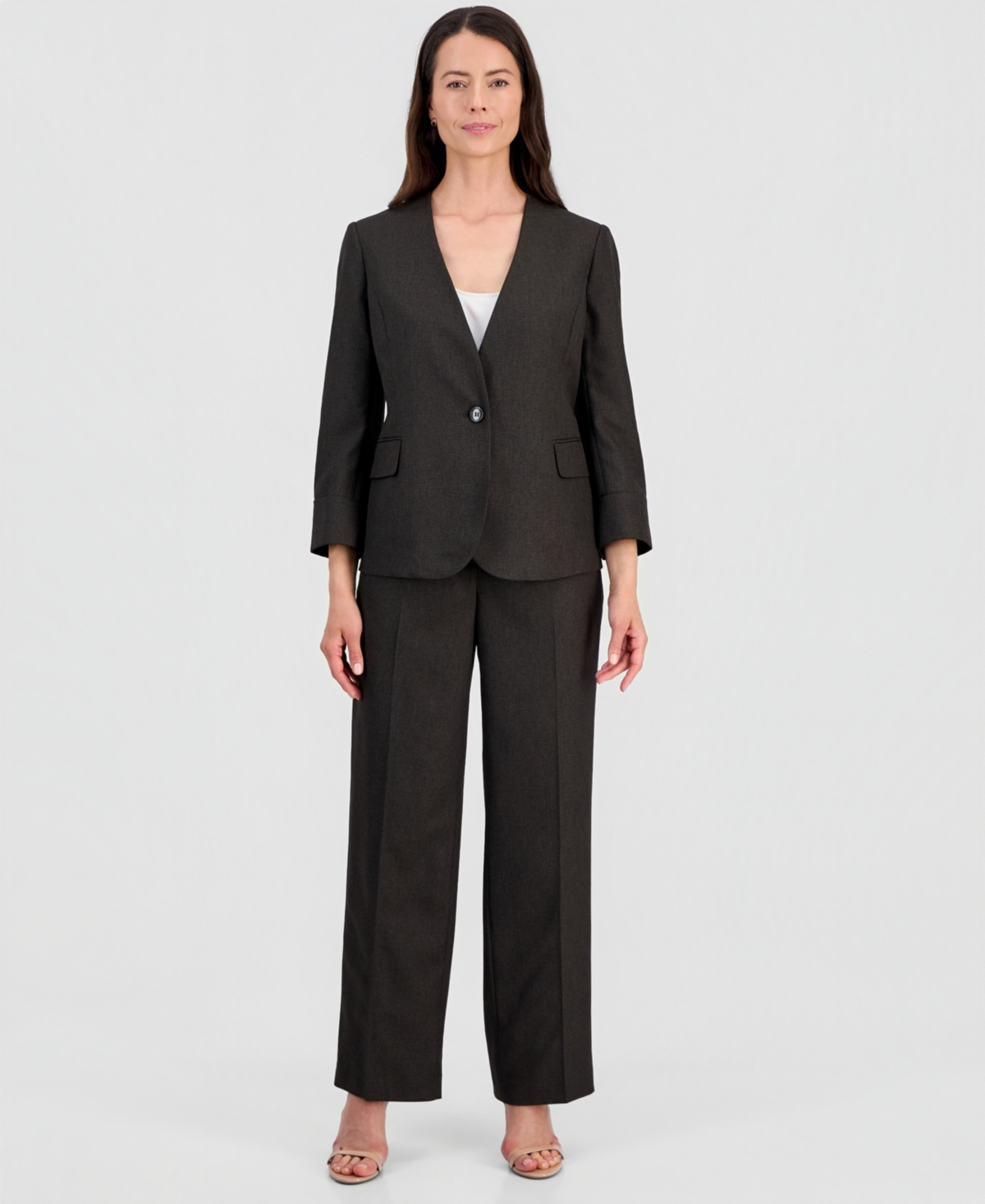Le Suit Women's Collarless One-Button Jacket & Fly-Front Wide-Leg Pants