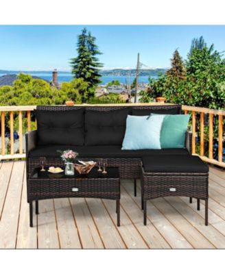 3-Piece Outdoor Rattan Sectional Sofa Set with Ottoman and Coffee Table