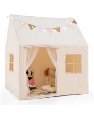 Kids Play Tent Large Playhouse with Glow in the Dark Stars and Mat-Beige