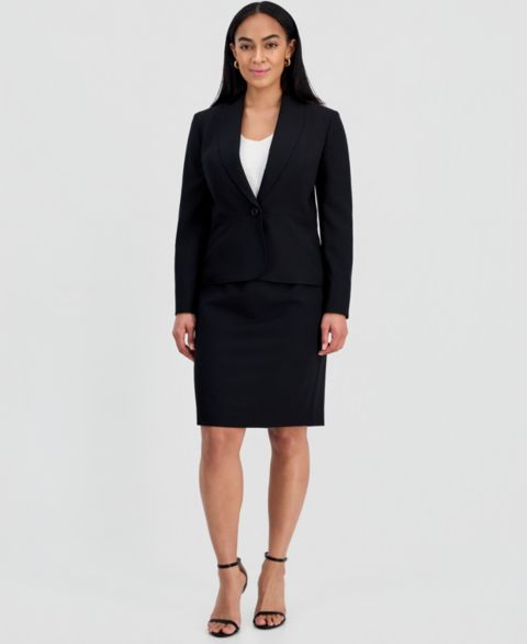 Женские юбки Le Suit Shawl-Collar Peplum Jacket & Yoked Slim Skirt Suit, цвет: Чёрный
