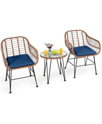 3-Piece Patio Rattan Bistro Set with Cushioned Armchairs