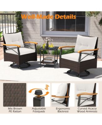 3-Piece Outdoor Swivel Wicker Chair Set with Tempered Glass Side Table