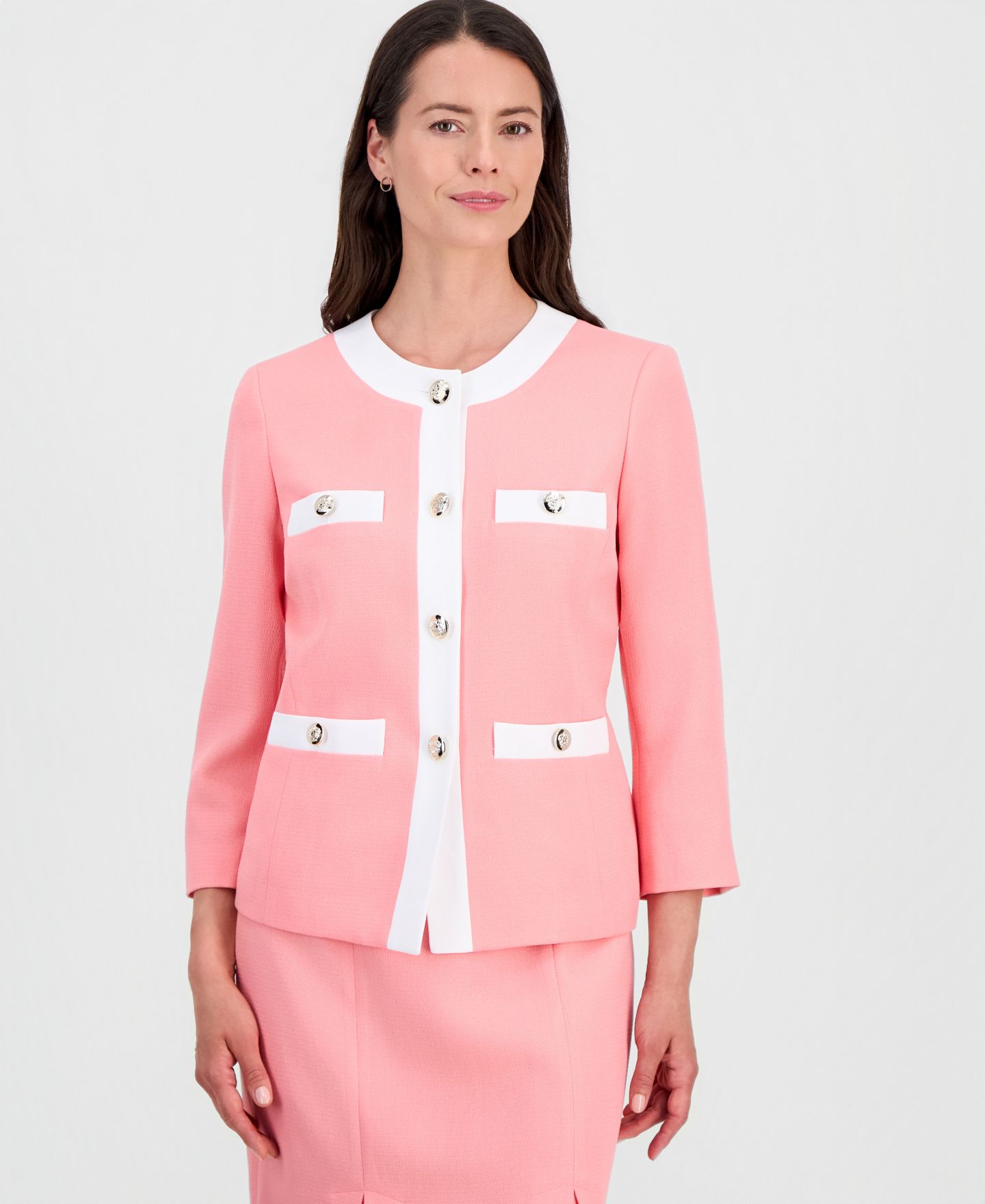 Женские юбки Le Suit Jewel-Neck Framed Jacket & Box-Pleat Pencil Skirt Suit, цвет: Фламинго / Белый — фото 2