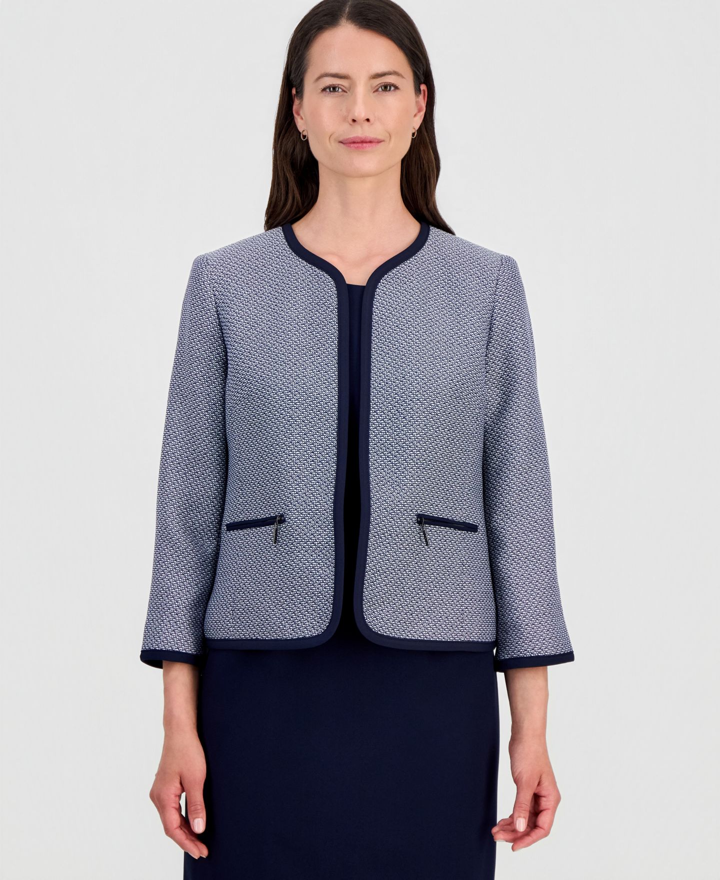Женские платья Le Suit Zipper-Pocket Open Cardigan & Empire-Seamed Dress Suit, цвет: Midnightnvy/Natwhite — фото 7