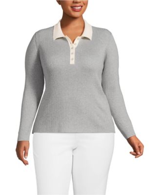 Plus Size Cotton Ribbed Long Sleeve Polo Sweater