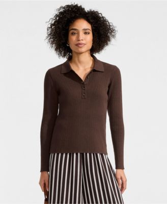 Women's Cotton Ribbed Long Sleeve Polo Sweater
