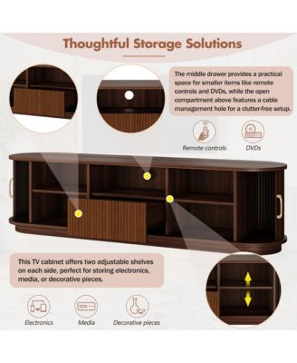 Fluted Entertainment Center for TVs Up to 75 Inches, Farmhouse Style Media Stand with Sliding Wood Slatted Doors and Drawer for Living Room