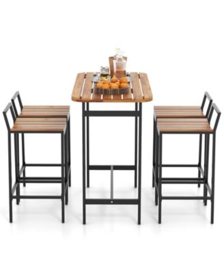 5-Piece Acacia Wood Bar Table Set with Metal Frame Footrest and Bar Height Chairs