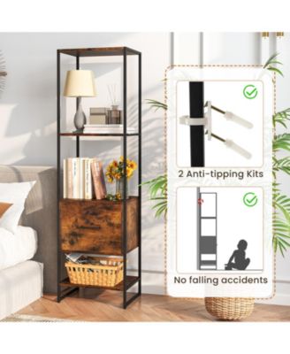 Narrow 5-Tier Bookcase with Open Shelves and Storage Drawer