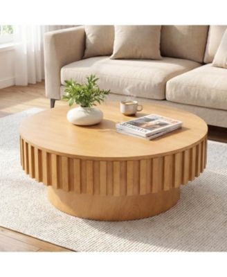 Modern Round Wooden Drum Coffee Table with Hidden Storage Compartment