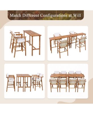 3-Piece Outdoor Dining Set with Acacia Wood Height Table and 2 Stools with Cushions