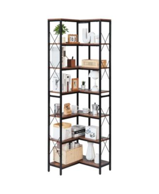 7-Tier Corner Bookshelf, 79" Tall, Metal Frame and Wooden Shelves, Industrial