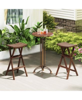 Backless Folding Counter Height Bar Stools Set of 2 with Teak Wood Frame and Saddle Seat