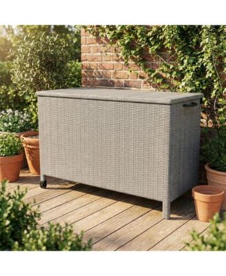 Outdoor Wicker Storage Box, PE Rattan Patio Storage Chest with Steel Frame, Weather-Resistant Deck Storage Box for Cushions