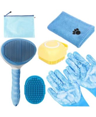 Aronkl Pet Bath Grooming Kit with Hair Brush Towel Washing Gloves Shampoo Scrubber - Blue