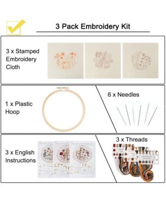 3 Pack Embroidery Starter Kit Beginners Stamped Cross Cute Flowers Patterns Hoop Threads Adults