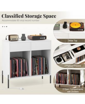Double Wide Record Player Stand with Power Outlets and Storage