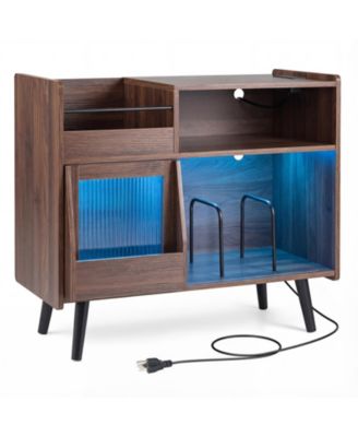 Large Record Player Stand with LED Lights Power Outlets and Door