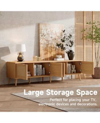 70 inch Modern Cabinet TV Stand with Rattan Doors Media Console with Storage Space & Cable Holes
