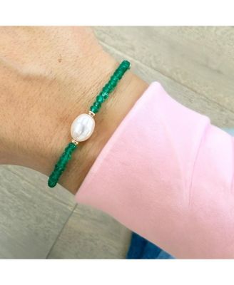 Green Onyx Bead Pearl Bracelet 14K Gold