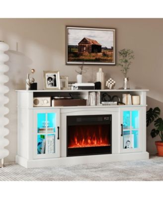 58 in Fireplace TV Stand with LED Lights and Glass Door Cabinets
