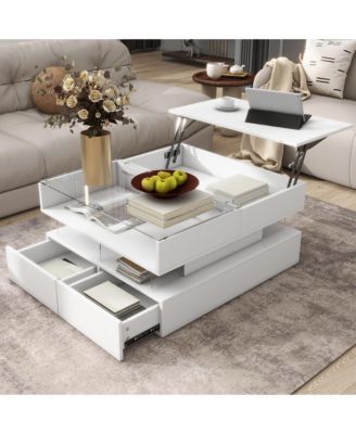 Lift-Top Coffee Table, Modern Square Center Table - 2 Drawers, Hidden Space, LED Lights and High-Gloss Finish for Living Room