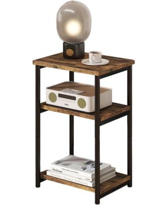 Slim Industrial 3-Tier Wood and Metal Mobile End Table with Storage Shelves