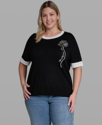 Plus Size Pearl Flower-Detail Pull-On Sweater