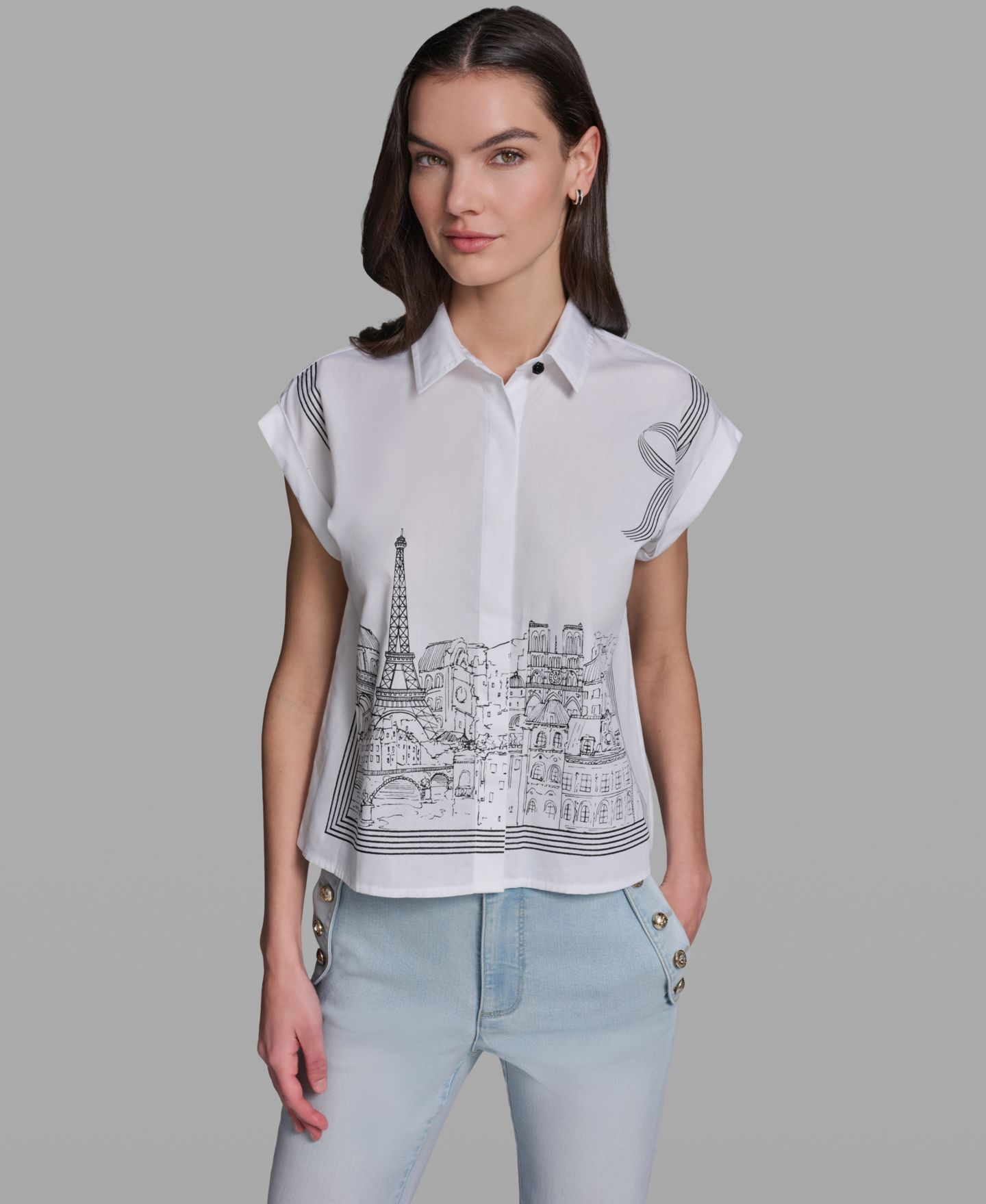 Женская рубашка KARL LAGERFELD PARIS Petite Bow Scenic Poplin Collared, цвет: Белый — фото 1