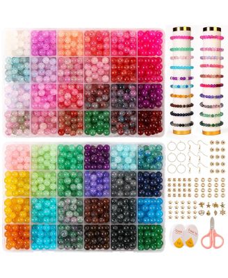 1300pcs Glass Beads Bracelet Making Kit Crystal Round Starter Gifts 8mm 48 Colors