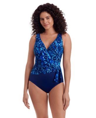 Women's Ruffle Front Sash Surplice Long Torso One-Piece Swimsuit
