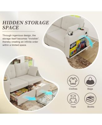 Loveseat Sofa, 67" Chenille 2-Seater Couch - Storage, USB Charging, Cup Holder and Wood Frame for Living Room, Apartment