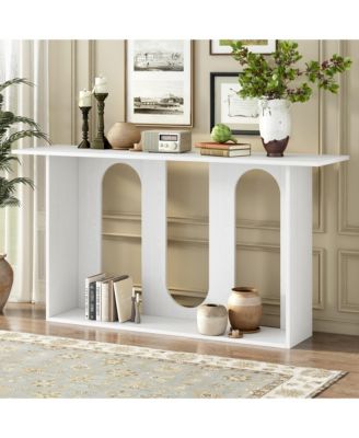 Modern Curved Ash Veneer Console Table With Shelf For Entryway Hallway Foyer
