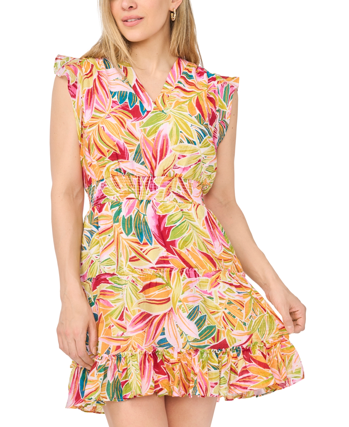 Msk Petite Smocked Waist V-Neck Tiered Dress