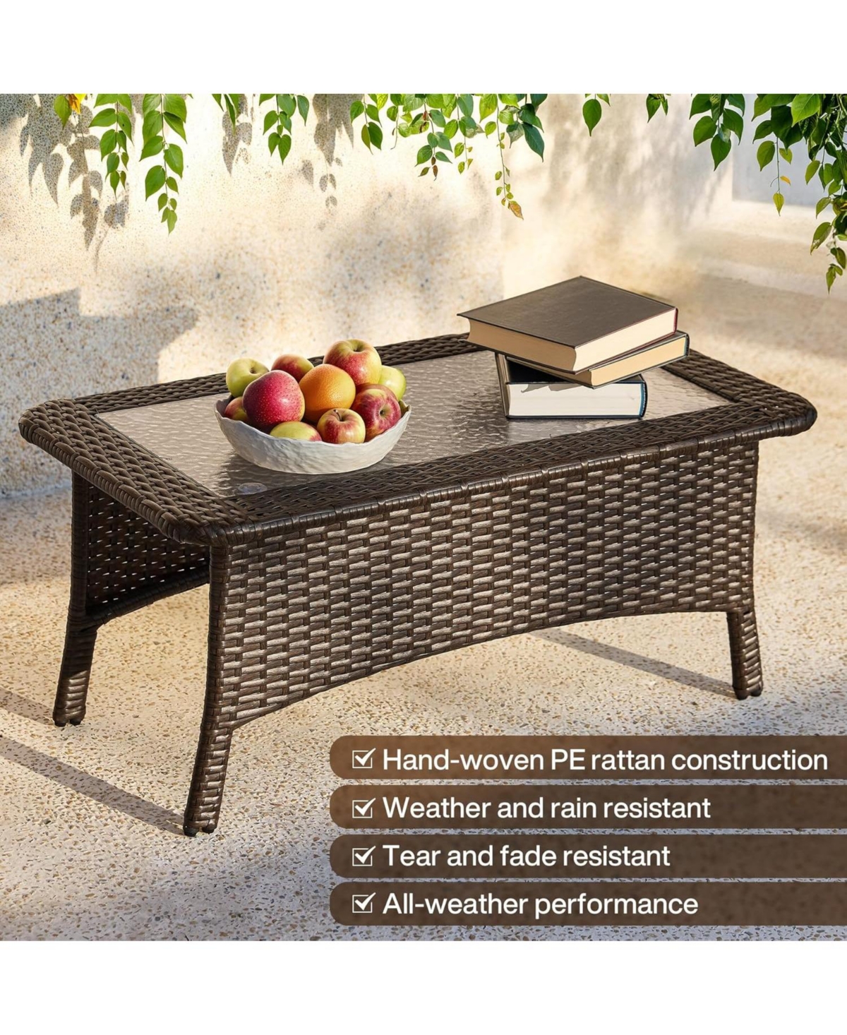 Tribesigns Outdoor Wicker Coffee Table with Hammered Glass Top, Hand Pe Rattan Wicker Patio Furniture Set, All-Weather Rectangular Patio Table