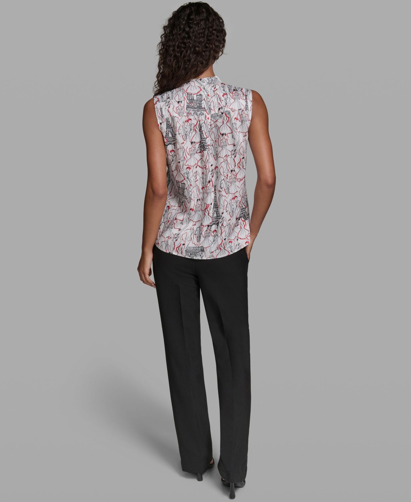 Женская блузка KARL LAGERFELD PARIS Tie-Neck Sleeveless Printed Blouse, цвет: Мягкий белый / Чёрный — фото 6