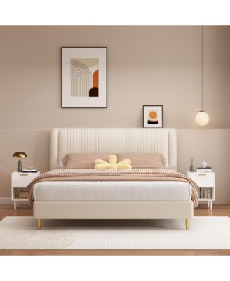 Modern White Nightstand with Gold Handle One Drawer and Open Shelf