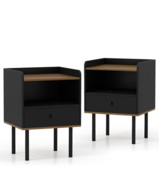 Set of 2 Nightstands with Drawer, 3-Tier Sofa Side Tables with Open Storage Shelf