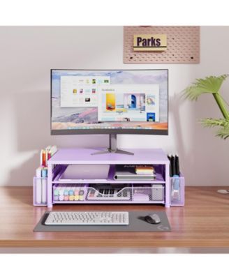 2-tier Monitor Stand Riser Desk Organizer With Drawer Pen Holder