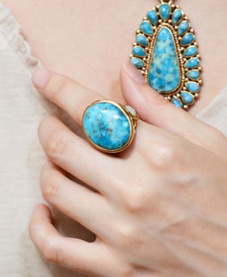 Turquoise and White Mother of Pearl and Blue Turquoise Petal Golden Drop Ring
