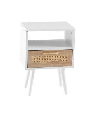 Modern Rattan End Table with Drawer and Solid Wood Legs Nightstand Cabinet