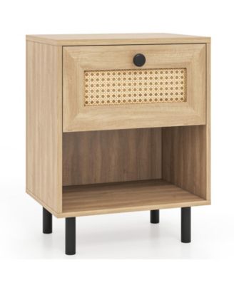 Rattan Nightstand Boho End Table with Rattan Drawer and Open Shelf