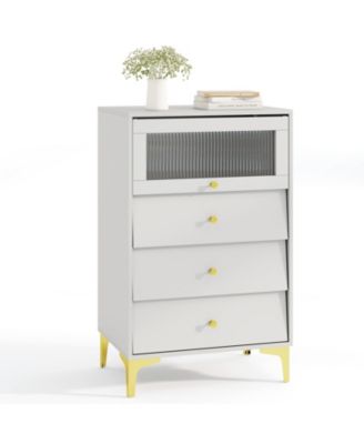 Modern Storage Cabinet with Flip Up Fluted Glass Door and Pull-out Drawers