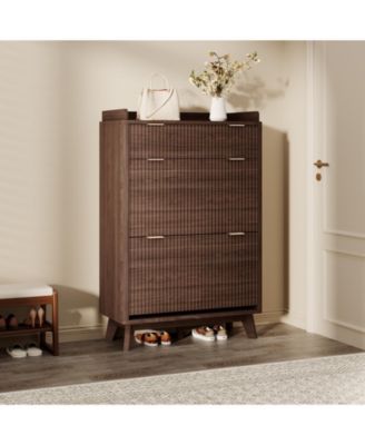 Fluted Shoe Cabinet with 2 Flip Drawers and Top Drawer, Deep Entryway Storage Organizer