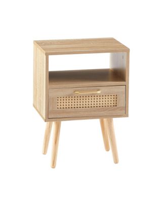 Modern Rattan End Table with Drawer and Solid Wood Legs Nightstand Cabinet