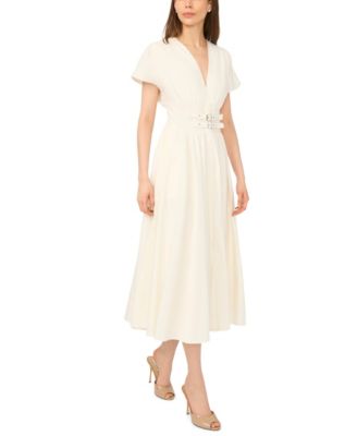 Women's V-Neck Short-Sleeve Cinch Waist Cotton Midi Dress