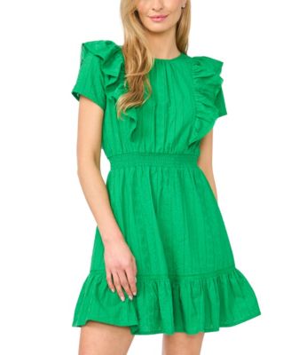 Women's Short-Sleeve Crewneck Ruffle-Front Cotton Mini Dress