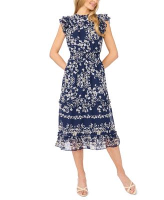 Women's Flutter-Sleeve Crewneck Smocked Waist Midi Dress