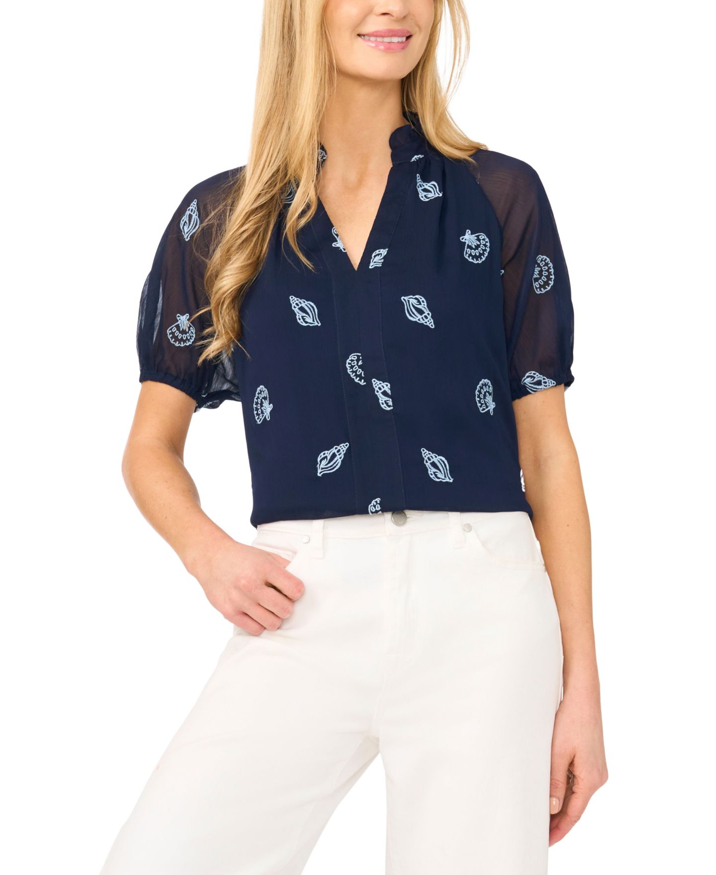 Женская блузка CeCe Embroidered Split V-Neck Blouse, цвет: Тёмно-синий — фото 2