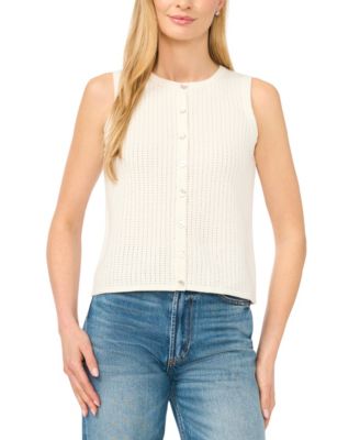 Women's Pointelle Sleeveless Button-Up Cotton Tank Top